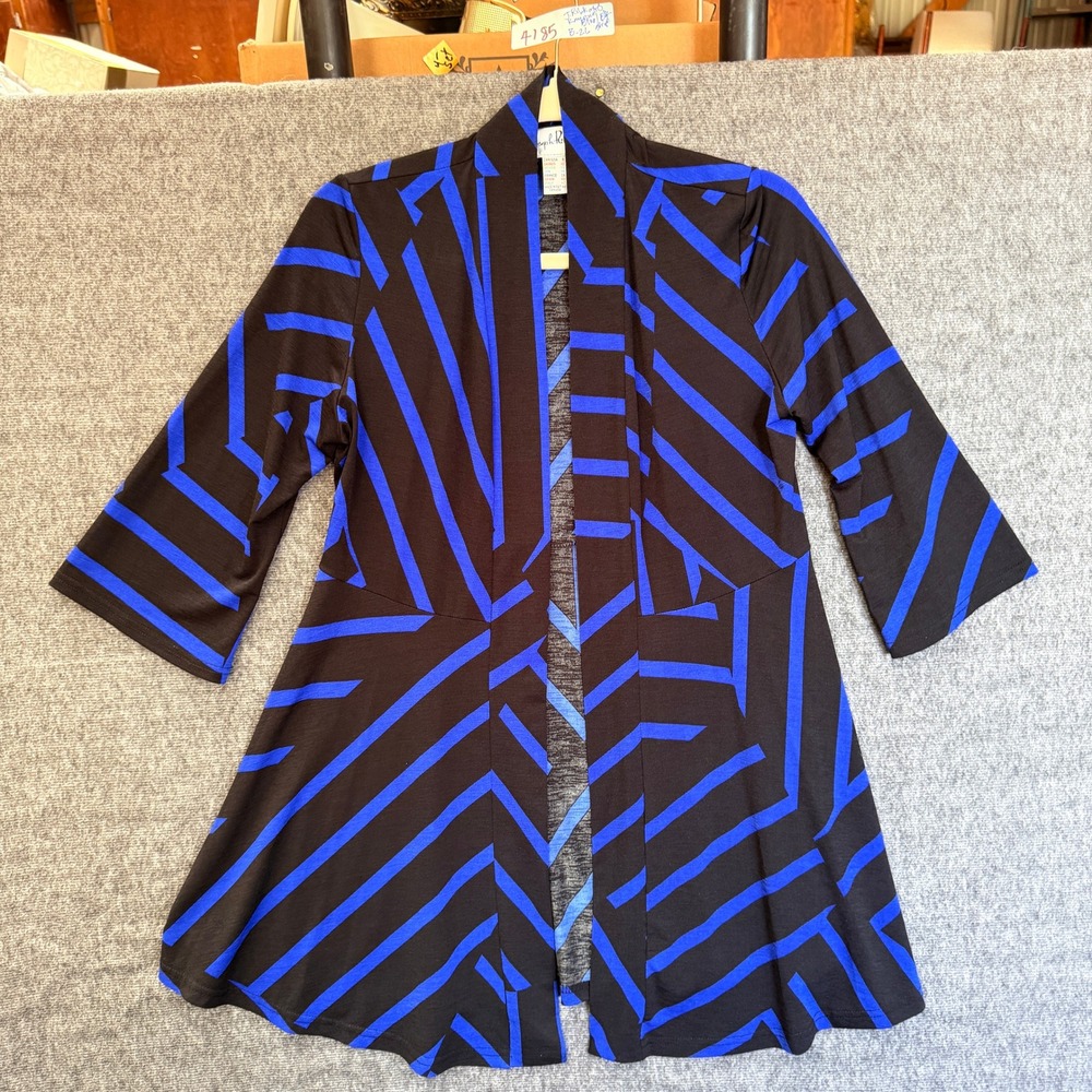 Joseph Ribkoff Womens 8 Blue Black Geometric Stripe Open Front Cardigan Jacket